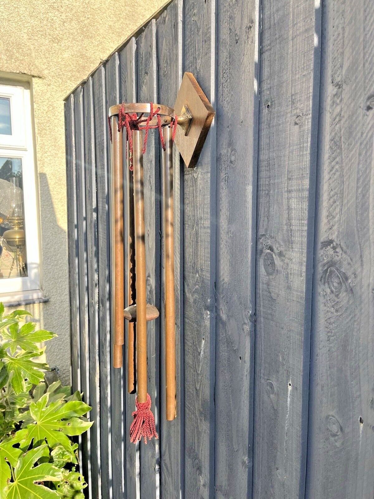 Antique 1920's Wooden Oak Copper Pipe Wind Chime Bell Ringer Alpine Rustic Farm photo Art