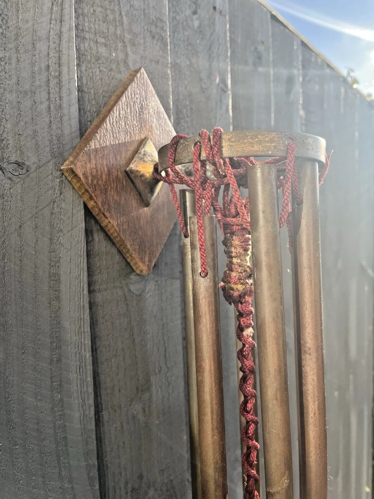 Antique 1920's Wooden Oak Copper Pipe Wind Chime Bell Ringer Alpine Rustic Farm photo vintage