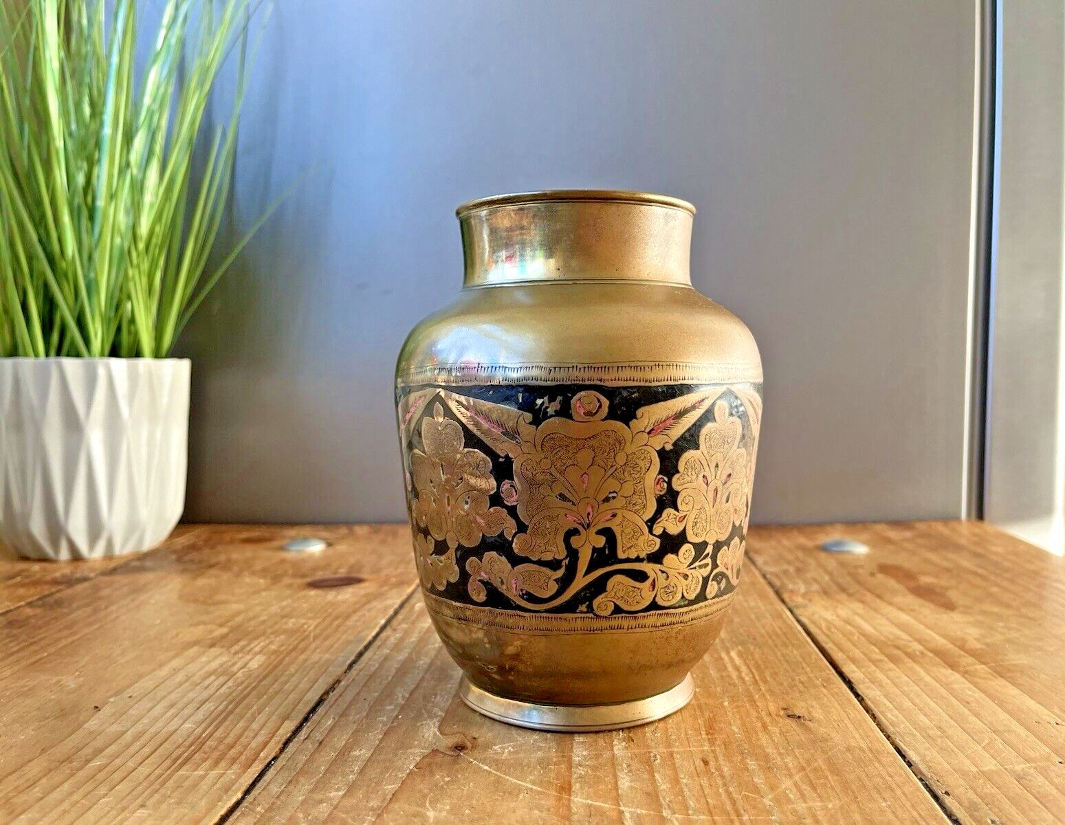 Antique Eastern Indian Brass Bronze Enamel Painted Etched Floral Mantel Vase photo furniture