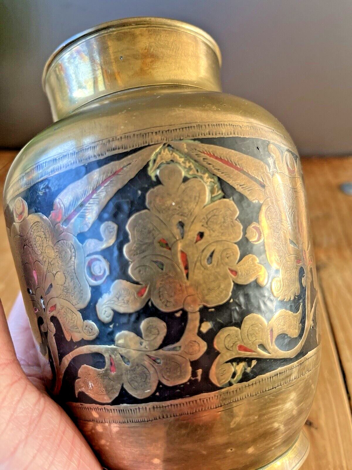 Antique Eastern Indian Brass Bronze Enamel Painted Etched Floral Mantel Vase photo 50.0