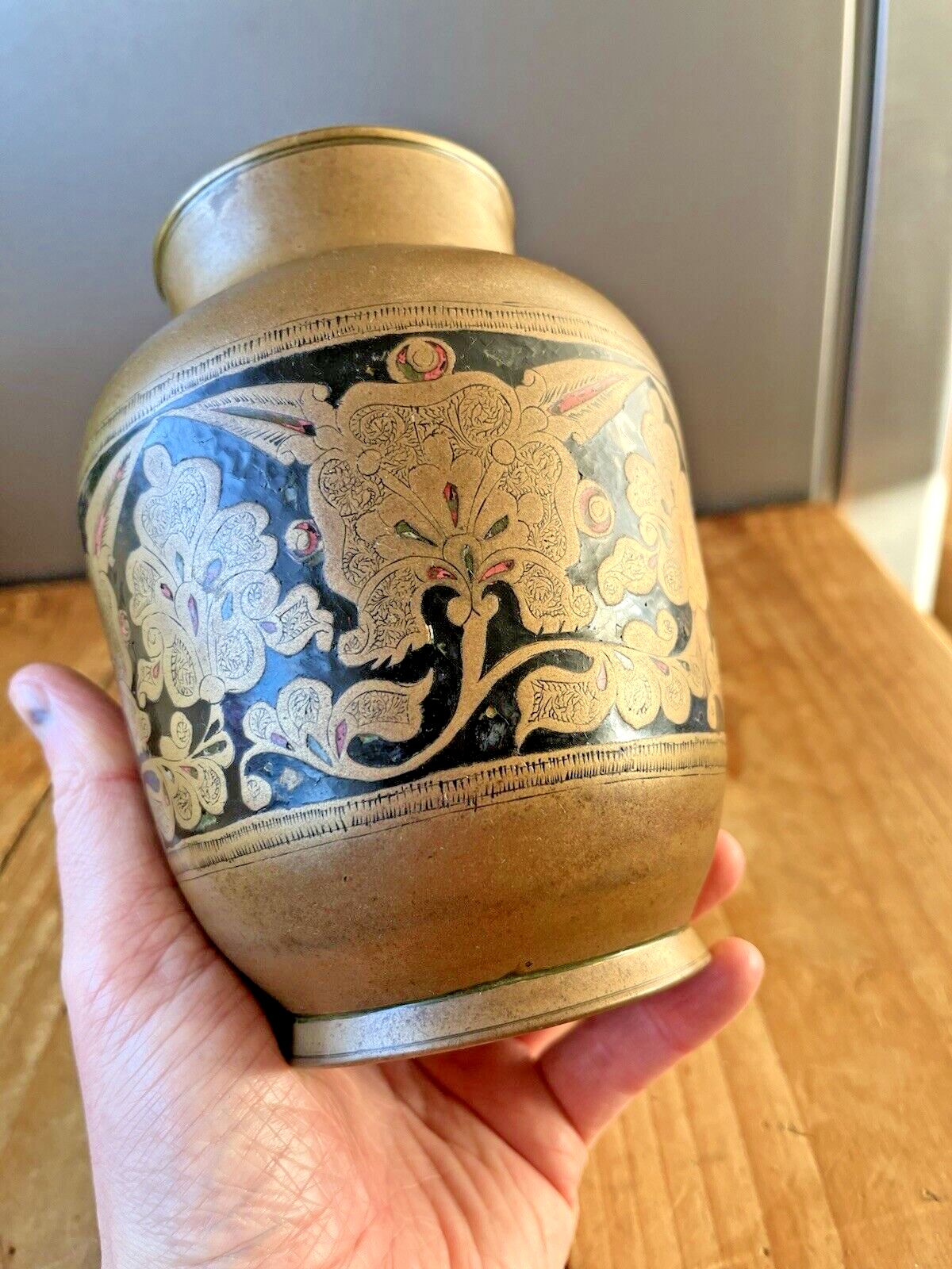 Antique Eastern Indian Brass Bronze Enamel Painted Etched Floral Mantel Vase photo vinterior