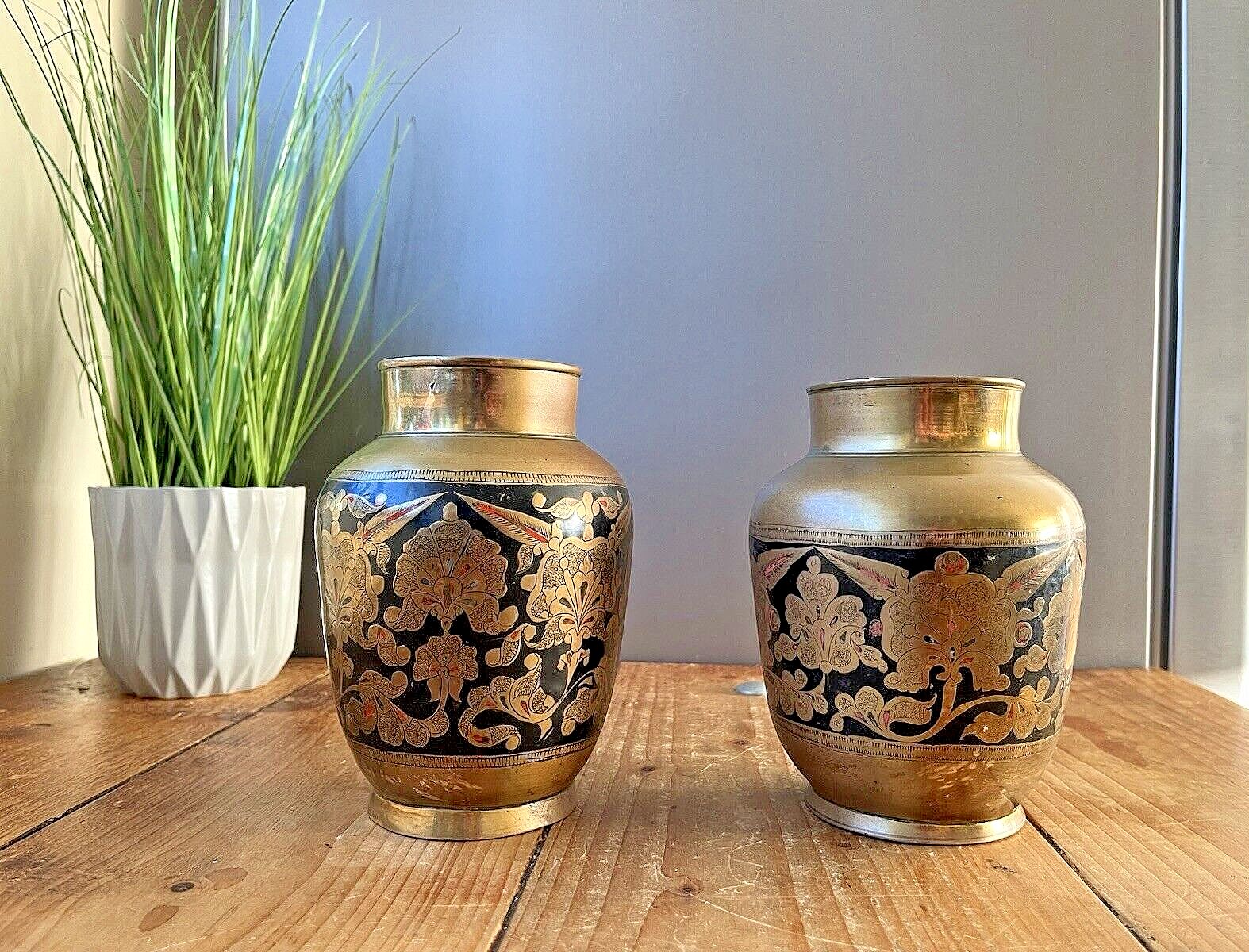 photo furniture Antique Eastern Indian Brass Bronze Enamel Painted Etched Floral Mantel Vase