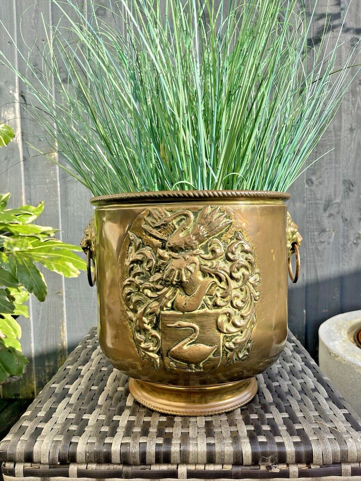 Large Antique Brass Swan Knight Armorial Planter Jardiniere Champagne Ice Bucket photo for sale