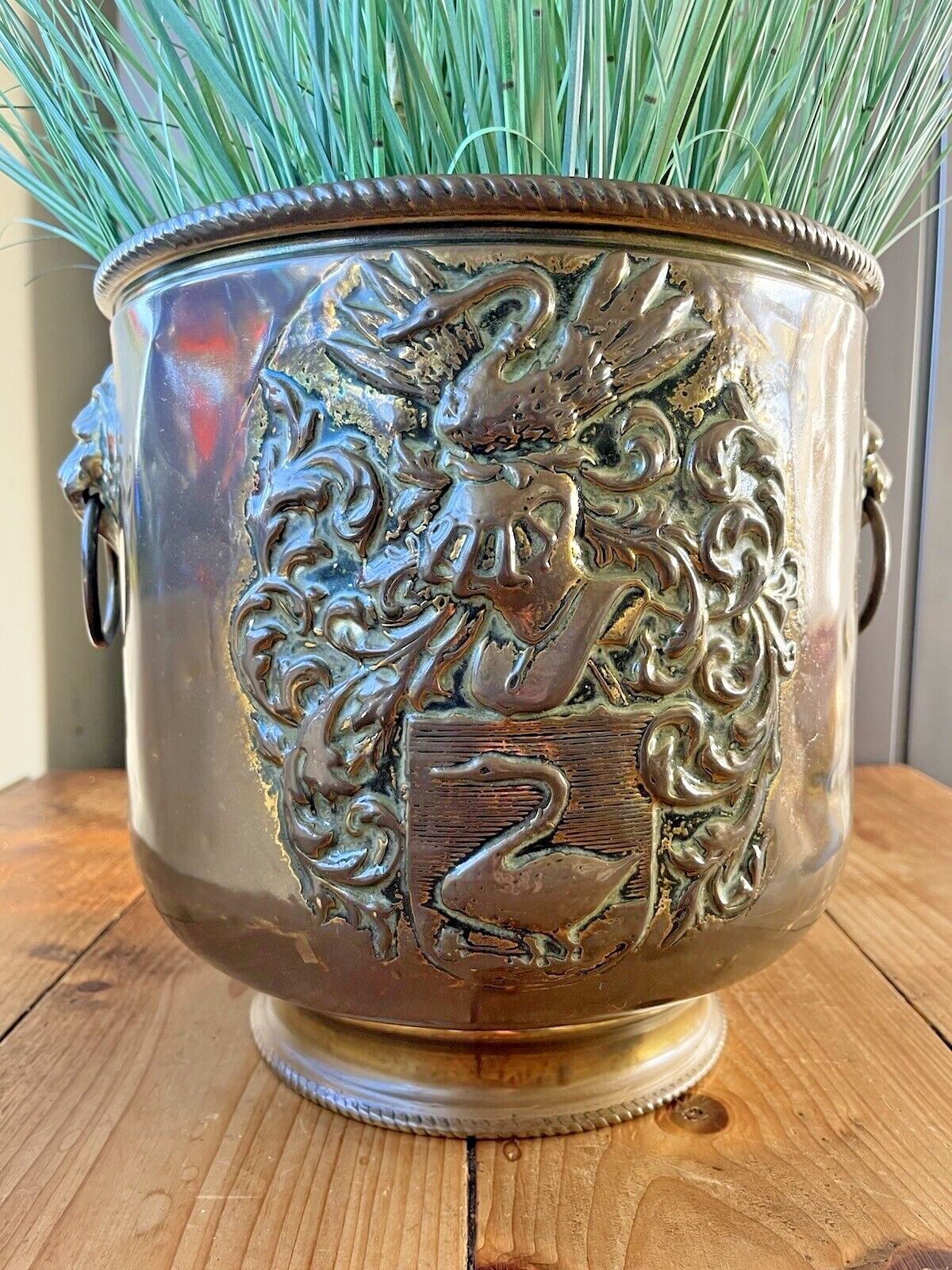 photo furniture Large Antique Brass Swan Knight Armorial Planter Jardiniere Champagne Ice Bucket