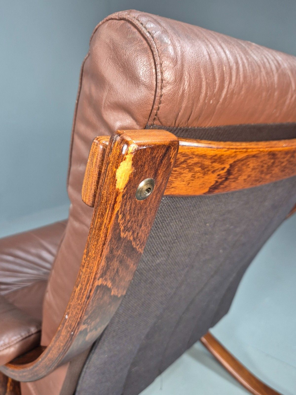 photo for sale Vintage Danish Lounge Chair Brown Leather Bentwood Frame 1970s Retro Eb8633 Mben