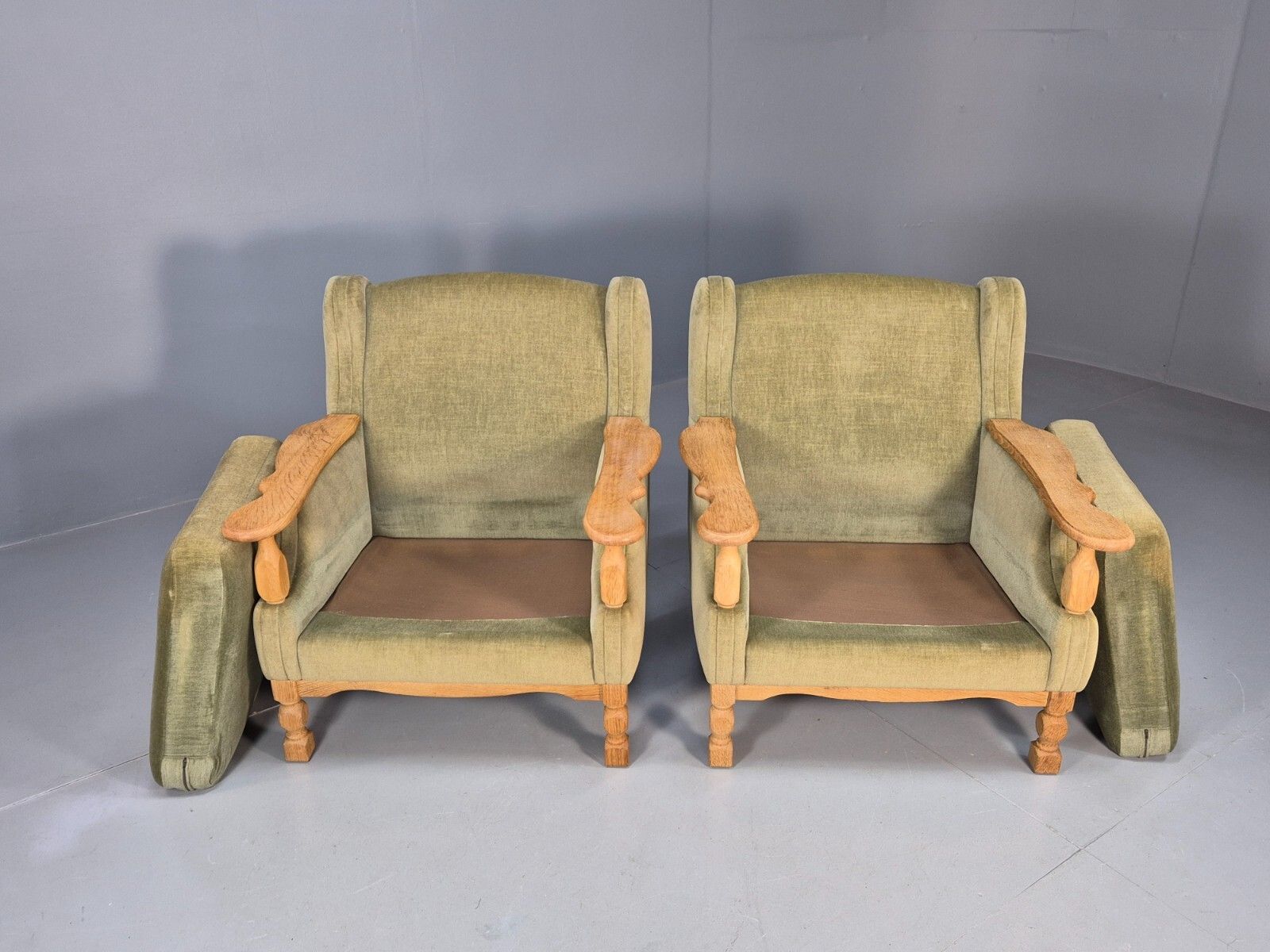 550.0 2 Vintage Danish Lounge Chairs Green Oak Frame Kjearnulf Retro 1970s Eb8279 Mnor photo
