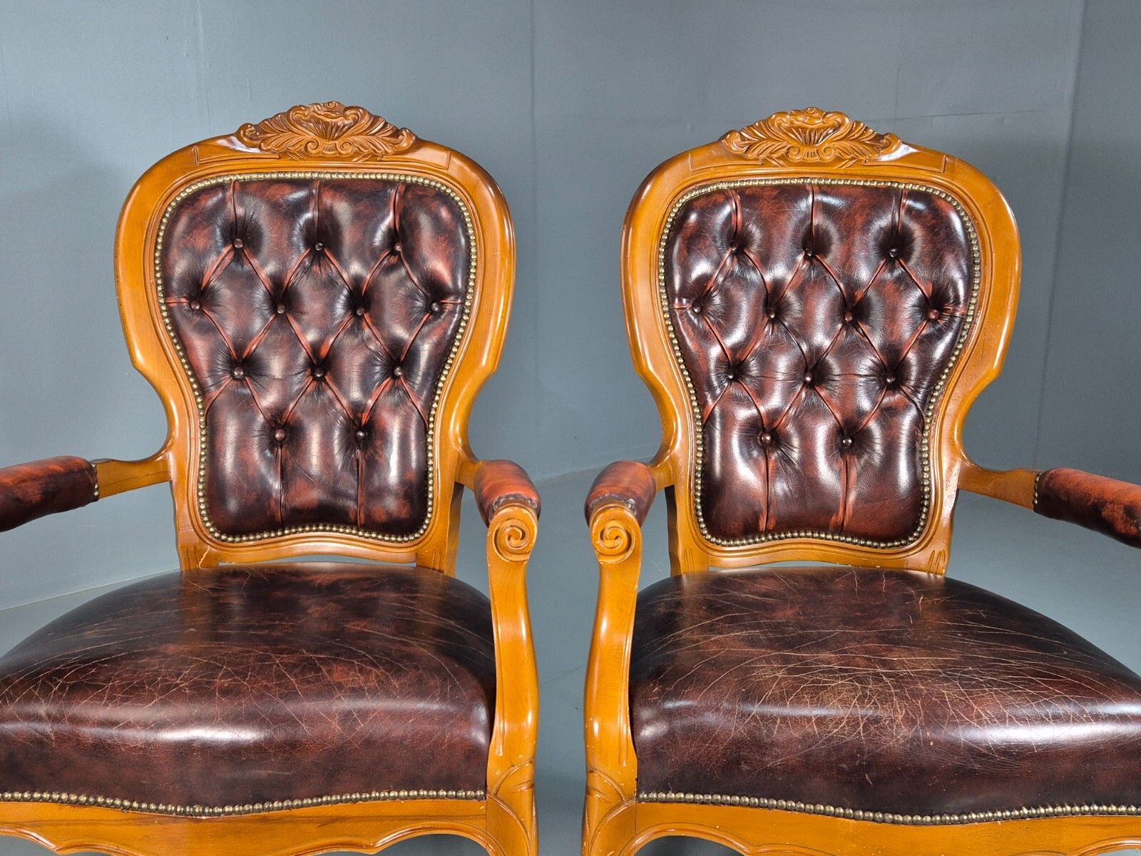 2 Vintage Lounge Chairs Leather Upholstery French Style 1970s Eb8191 Vcar photo 475.0