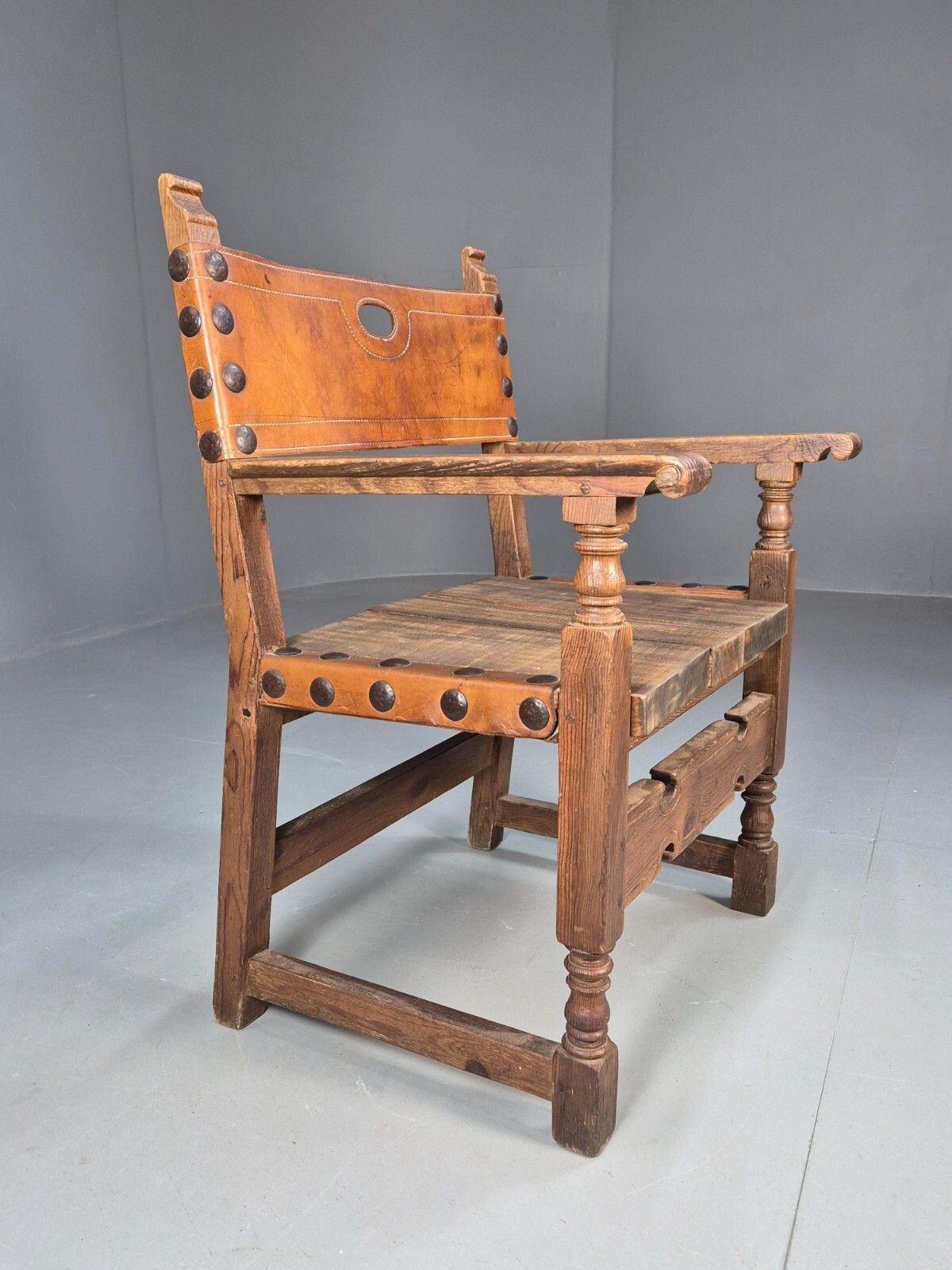 photo for sale Vintage Lounge Chair Leather Carved Wood Spanish Style Antique Eb8175 Vcar