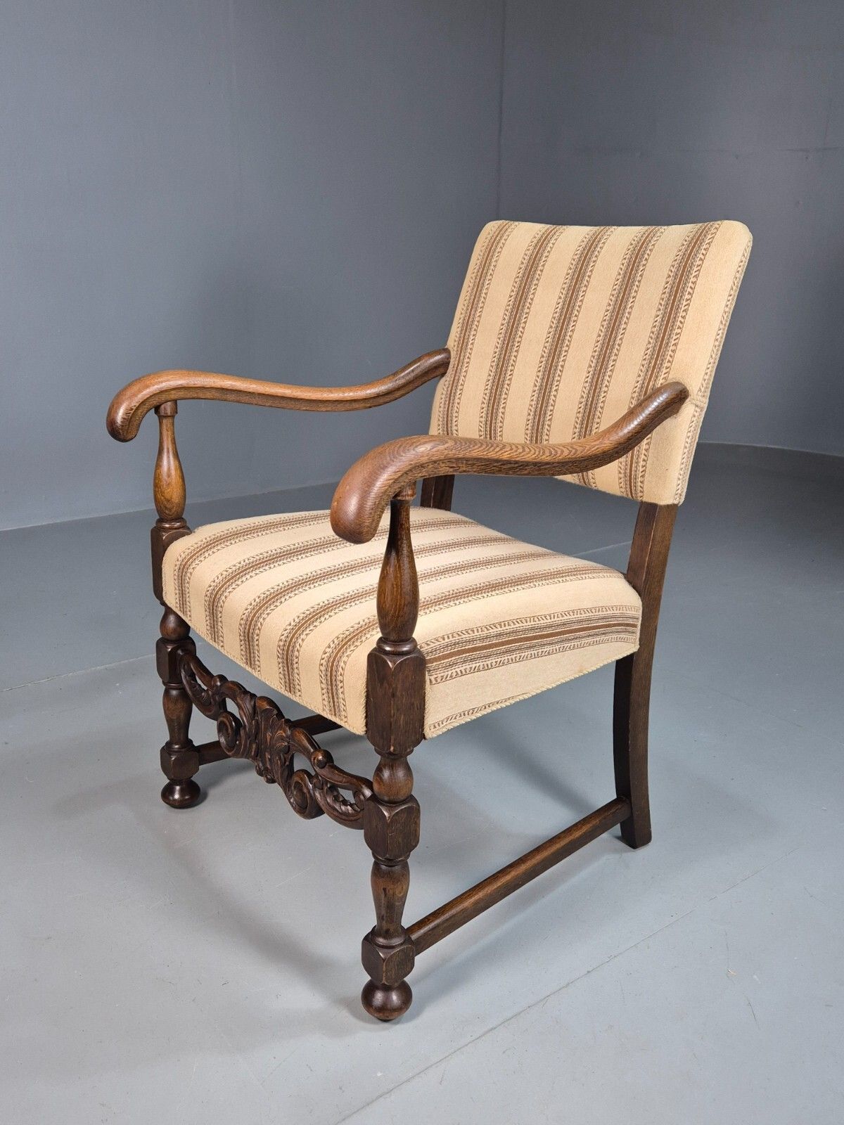 Vintage Danish Elbow Chair Cream Stripe Oak Frame 1950s Repro Eb8084 Vdin