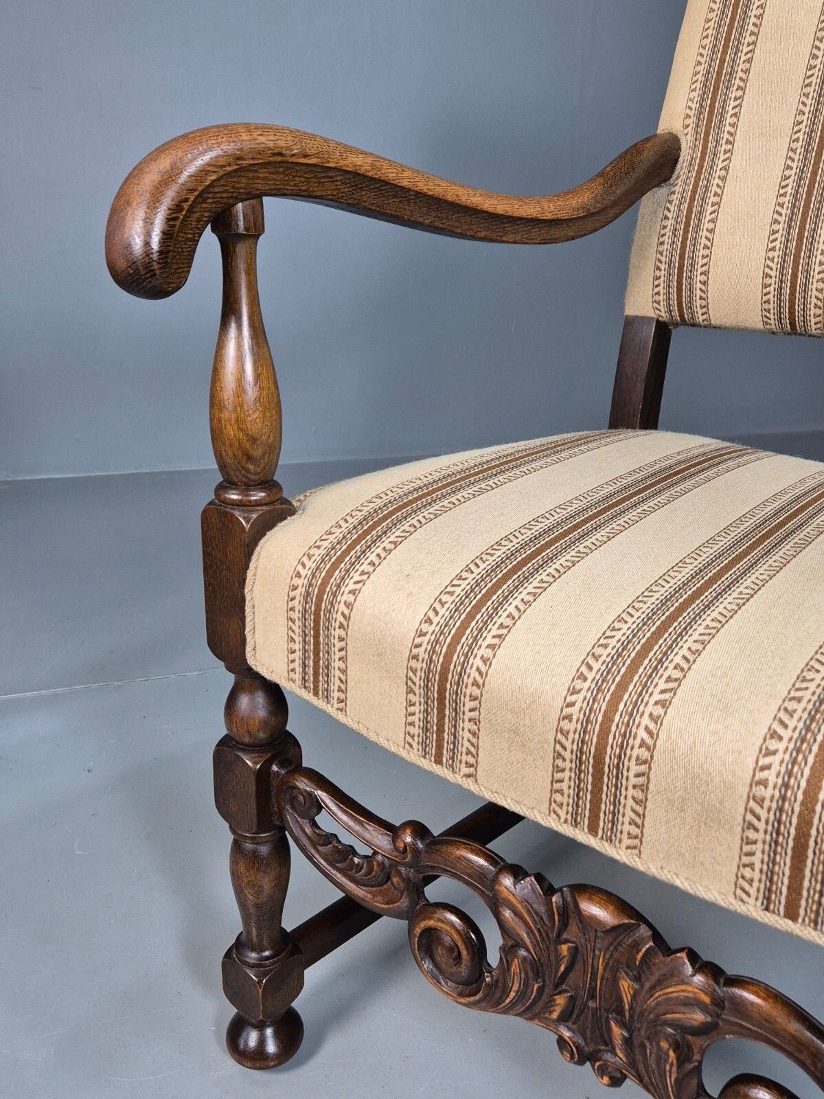 Vintage Danish Elbow Chair Cream Stripe Oak Frame 1950s Repro Eb8084 Vdin photo 150.0