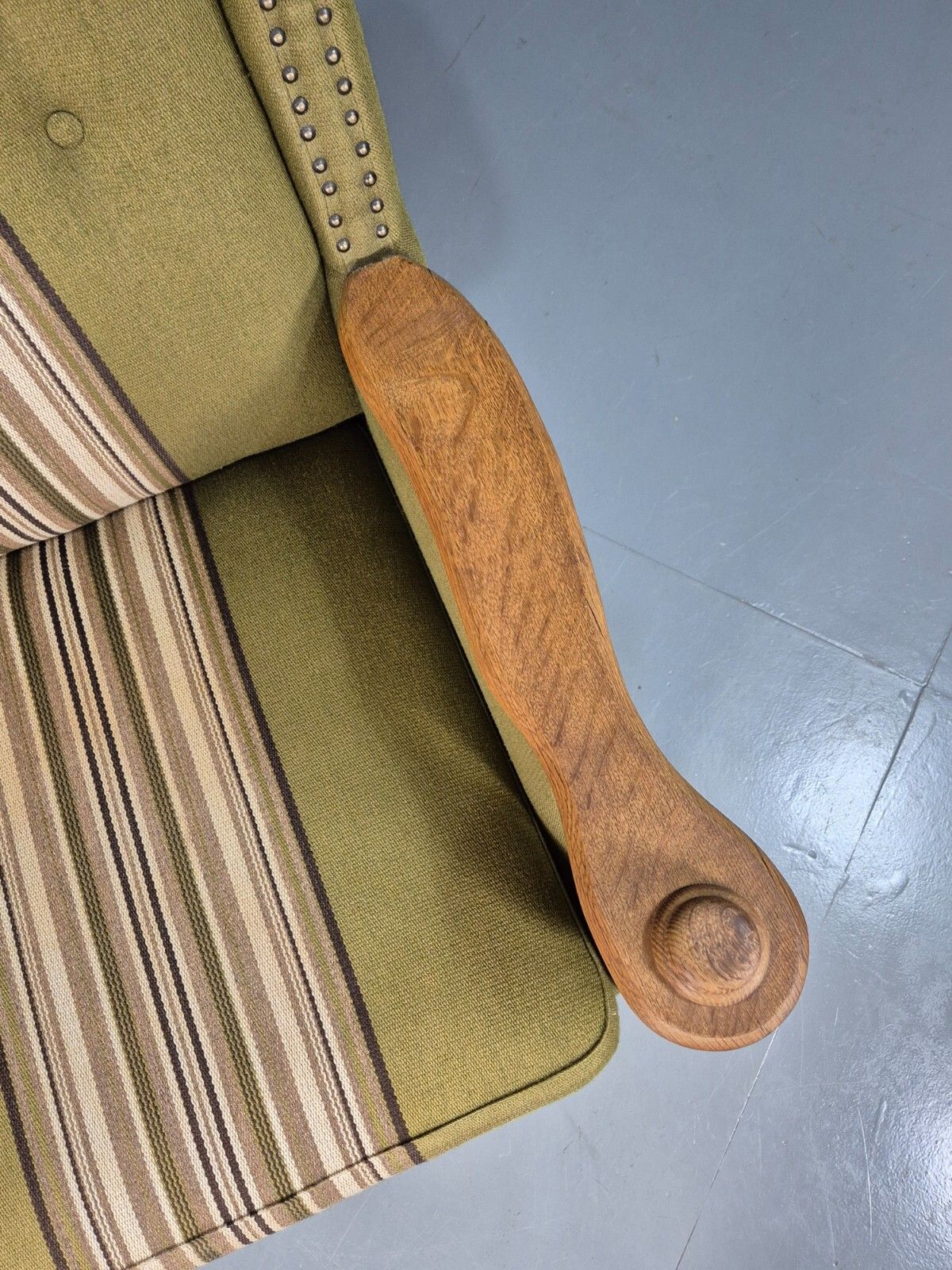 Vintage Danish Green Striped Wingback Armchair Oak Studded Skippers Eb8044 Mnor photo for sale