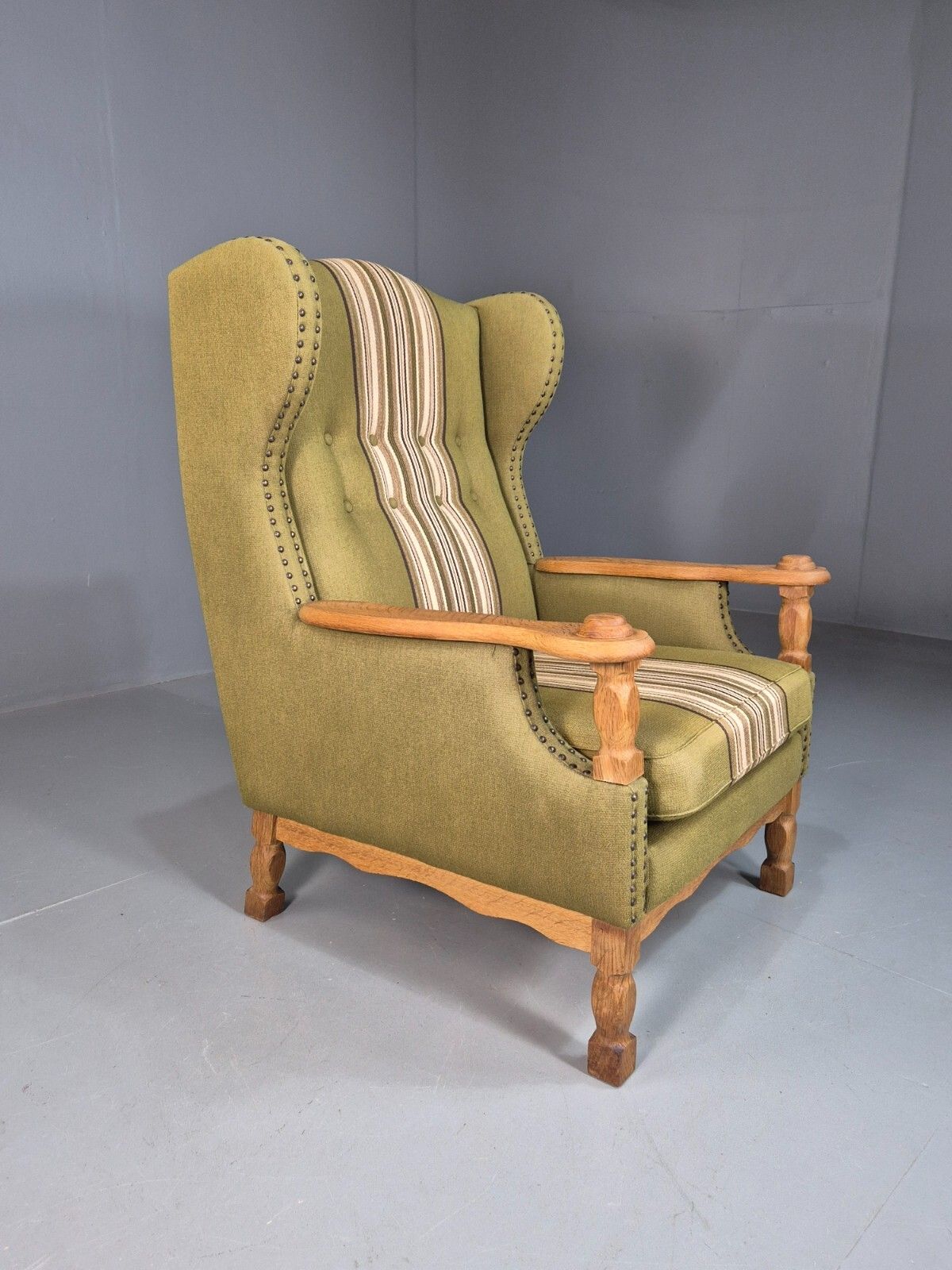 Vintage Danish Green Striped Wingback Armchair Oak Studded Skippers Eb8044 Mnor photo vintage