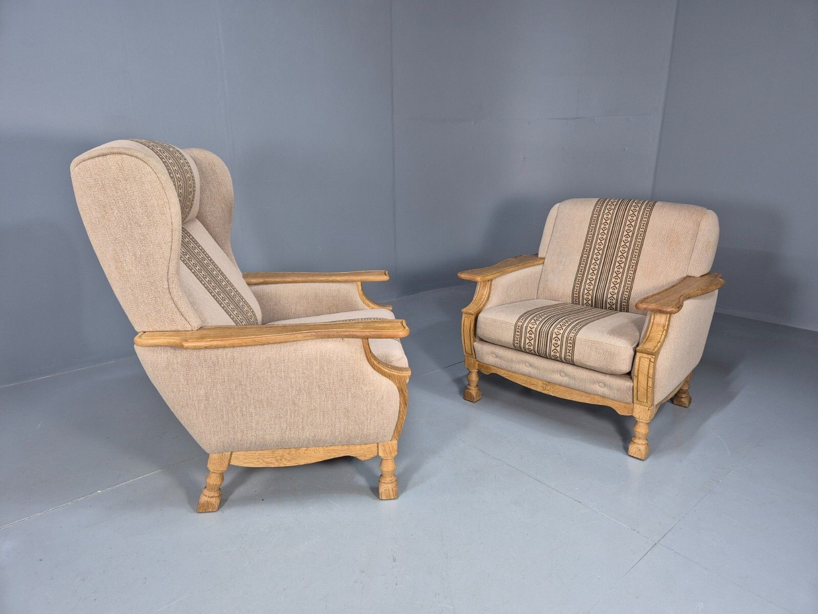 photo buy 2 Vintage Danish Lounge Chairs Cream Wool Oak Kjaernulf Retro 1970s Eb8020 Mnor