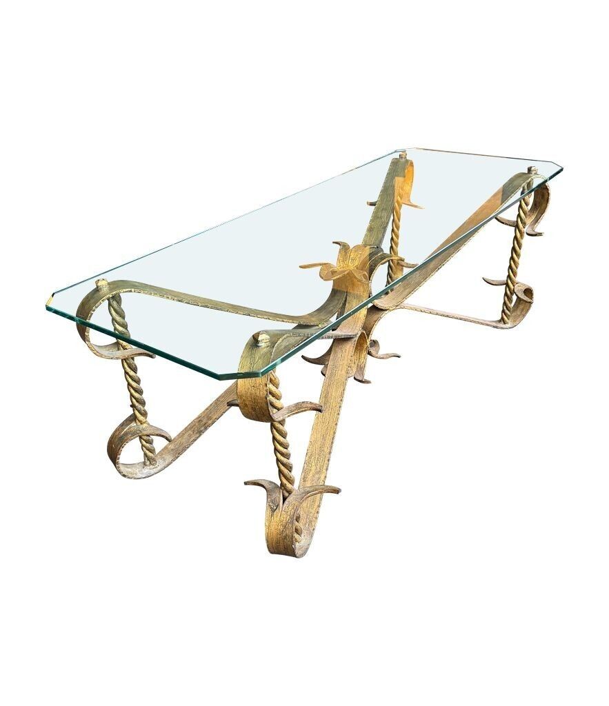 A Spanish 1950s Gilt Wrought Iron Coffee Table With Thick Glass Top photo for sale