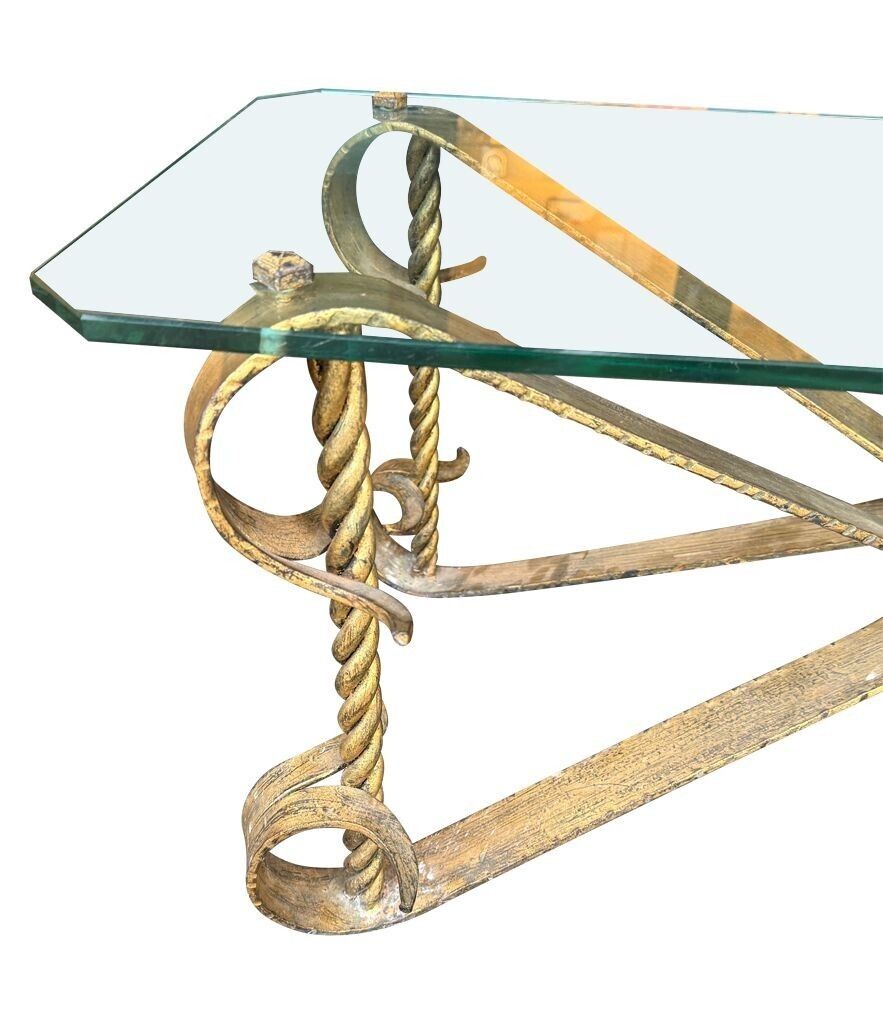 photo for sale A Spanish 1950s Gilt Wrought Iron Coffee Table With Thick Glass Top