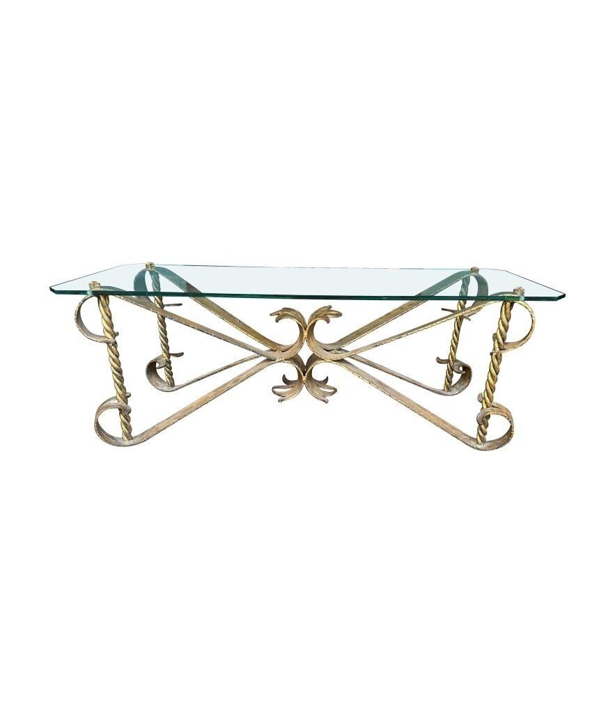 1550.0 A Spanish 1950s Gilt Wrought Iron Coffee Table With Thick Glass Top photo