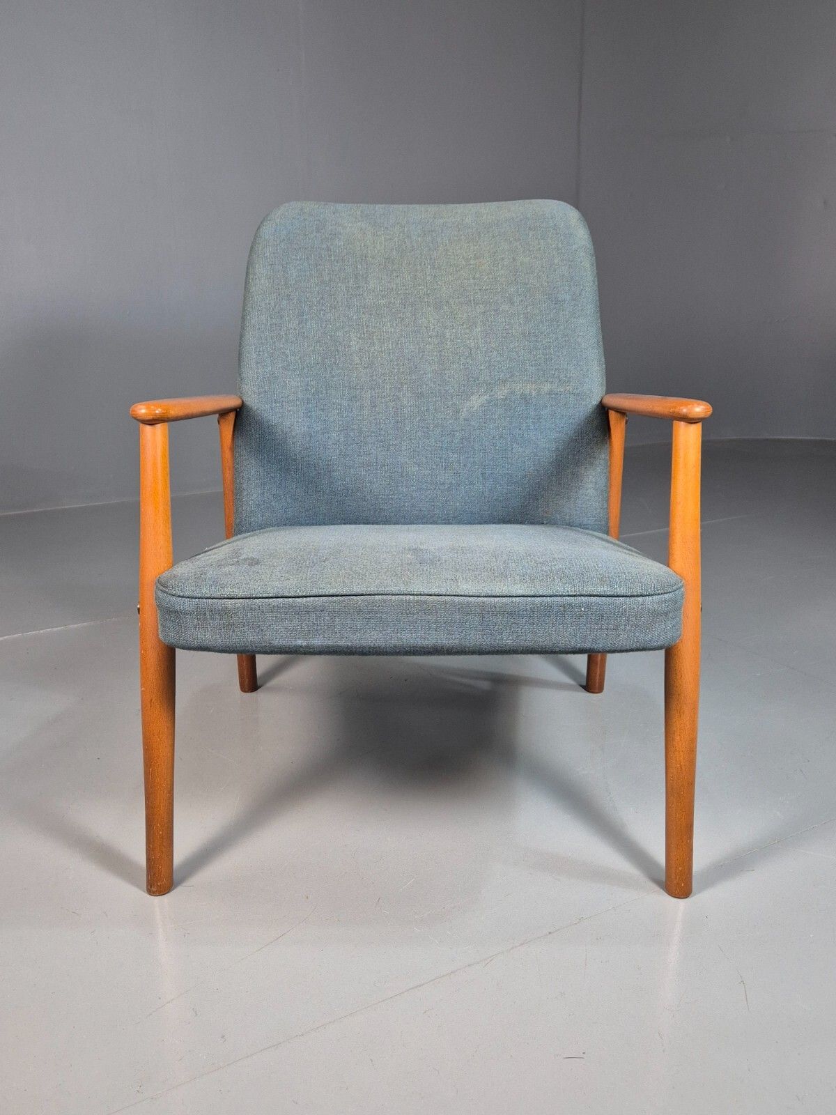 Vintage Danish Lounge Chair Blue Upholstery Beech Frame Retro Mcm Eb7737 Mnor photo for sale