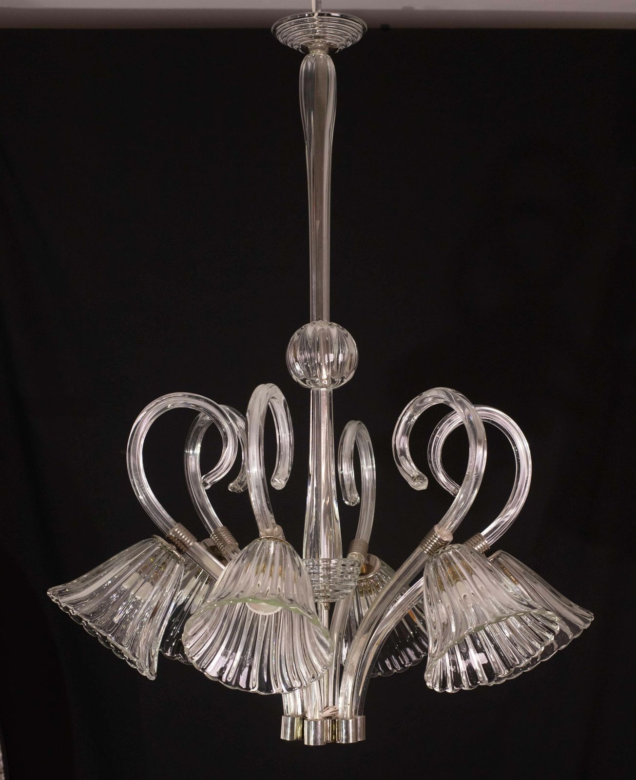 Amazing 6 Light Art Deco Murano Glass And Brass Chrome Chandelier By Barovier photo for sale