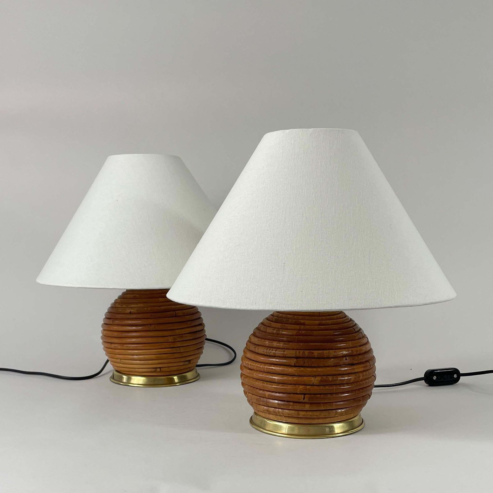 Table Lamps, Pencil Reed Rattan And Brass, Vivai Del Sud Italy 1960s photo vintage