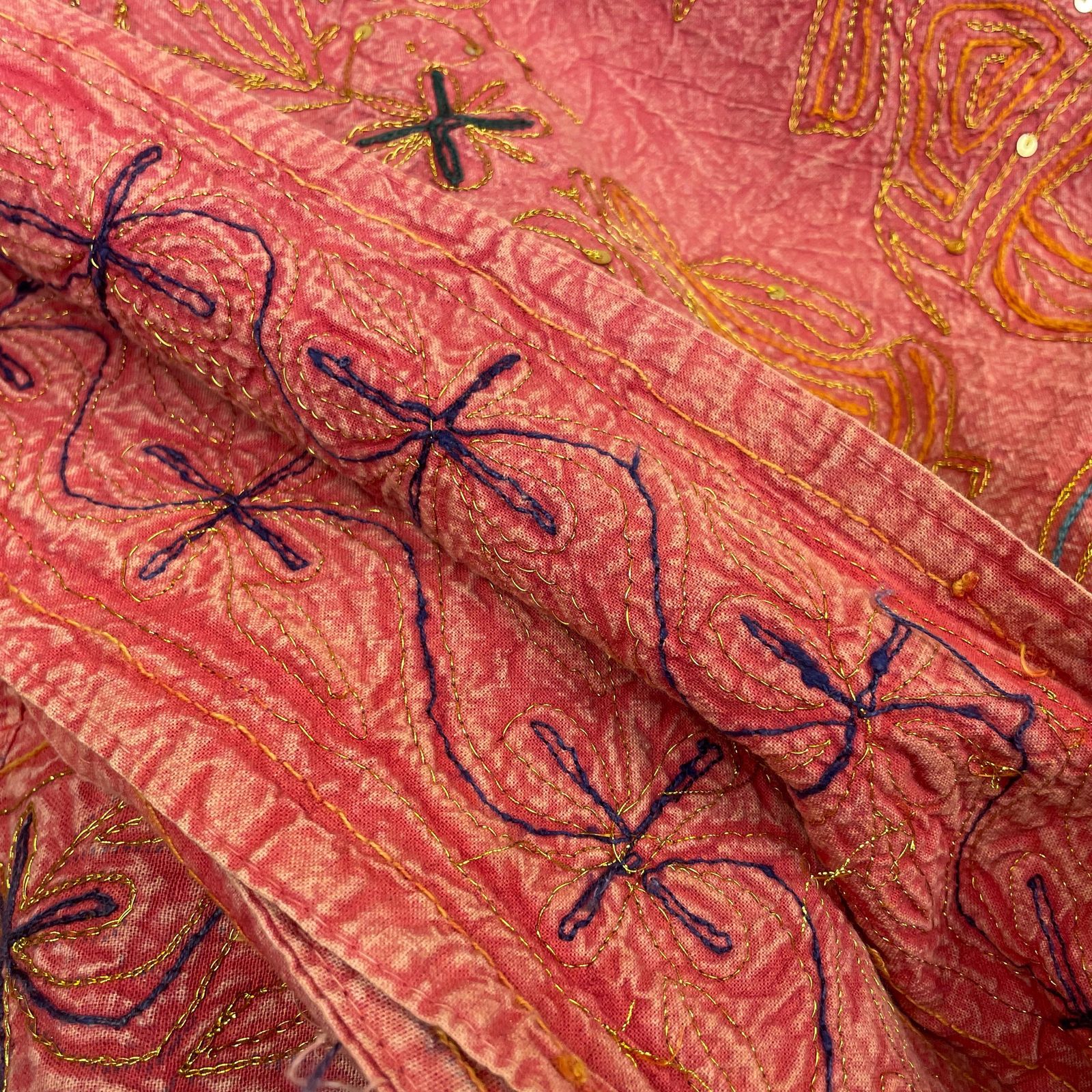 Antique Indian Asian Fabric Throw Blanket Hand Sewn Embroidered Pattern Cover Handmade Tapestry Bedding 217x144cm Quilt Orange Fabric photo for sale