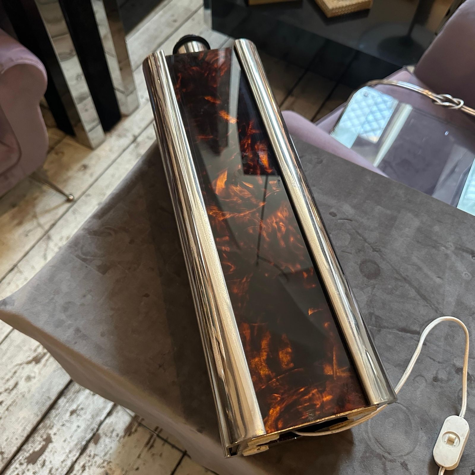 1970s Mid Century Modern Fake Tortoiseshell Lucite And Silver Plate Table Lamp photo 1375.0