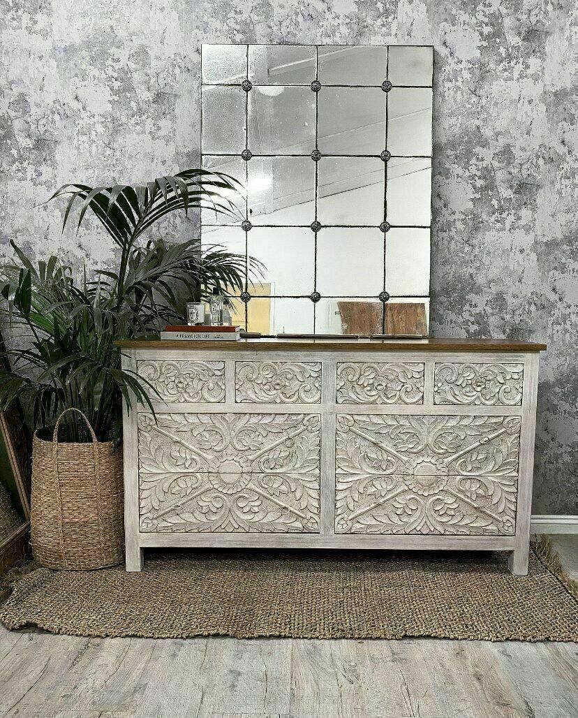 Hand Carved White Mango Wood Decorative Chest Of Drawers