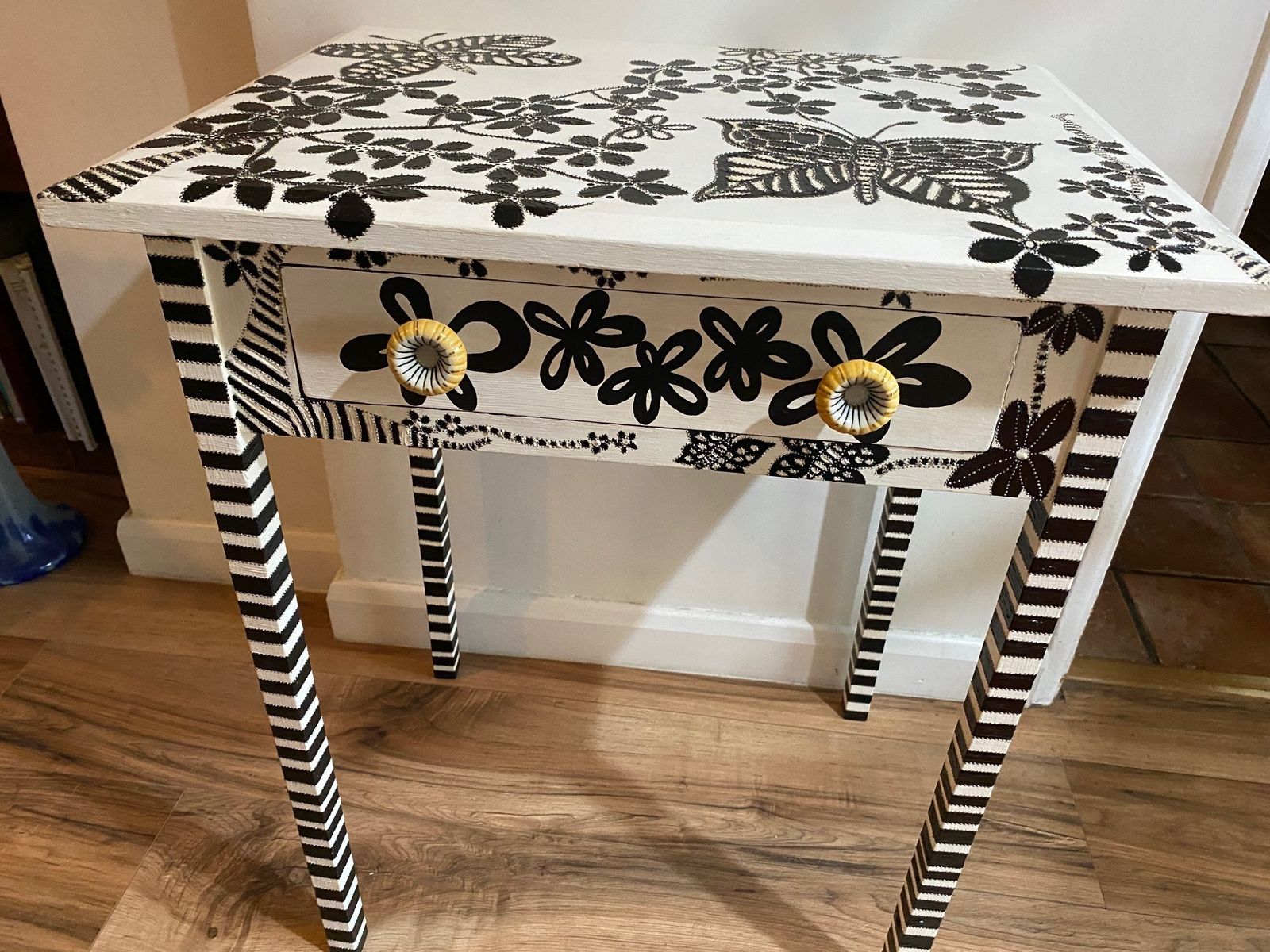 Black And White Hand Painted Blooms And Butterflies Side Table With Embellishments