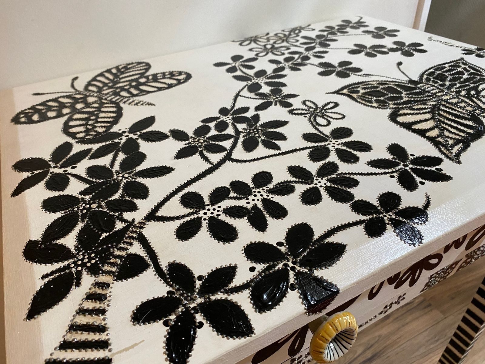 Black And White Hand Painted Blooms And Butterflies Side Table With Embellishments photo 1200.0