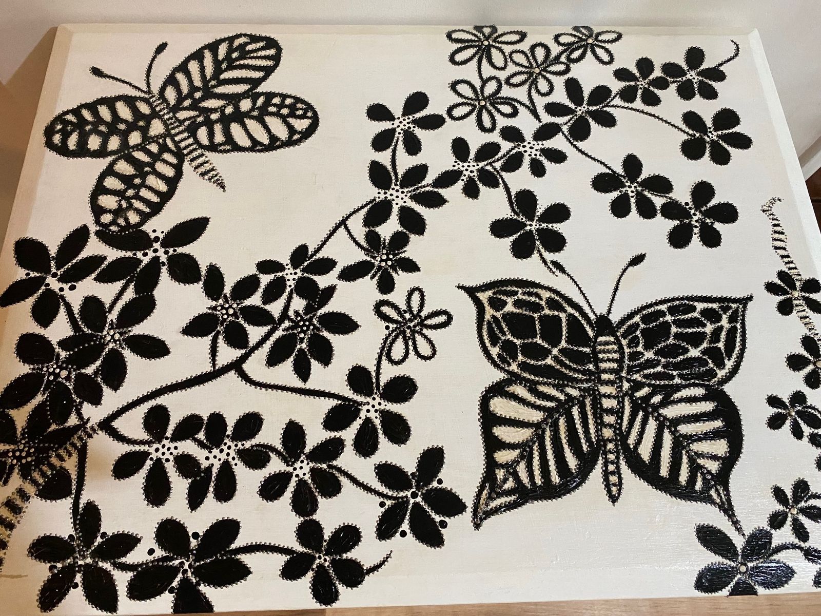 Black And White Hand Painted Blooms And Butterflies Side Table With Embellishments photo vinterior