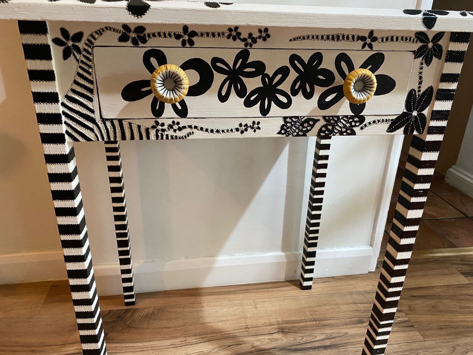 Black And White Hand Painted Blooms And Butterflies Side Table With Embellishments photo vintage