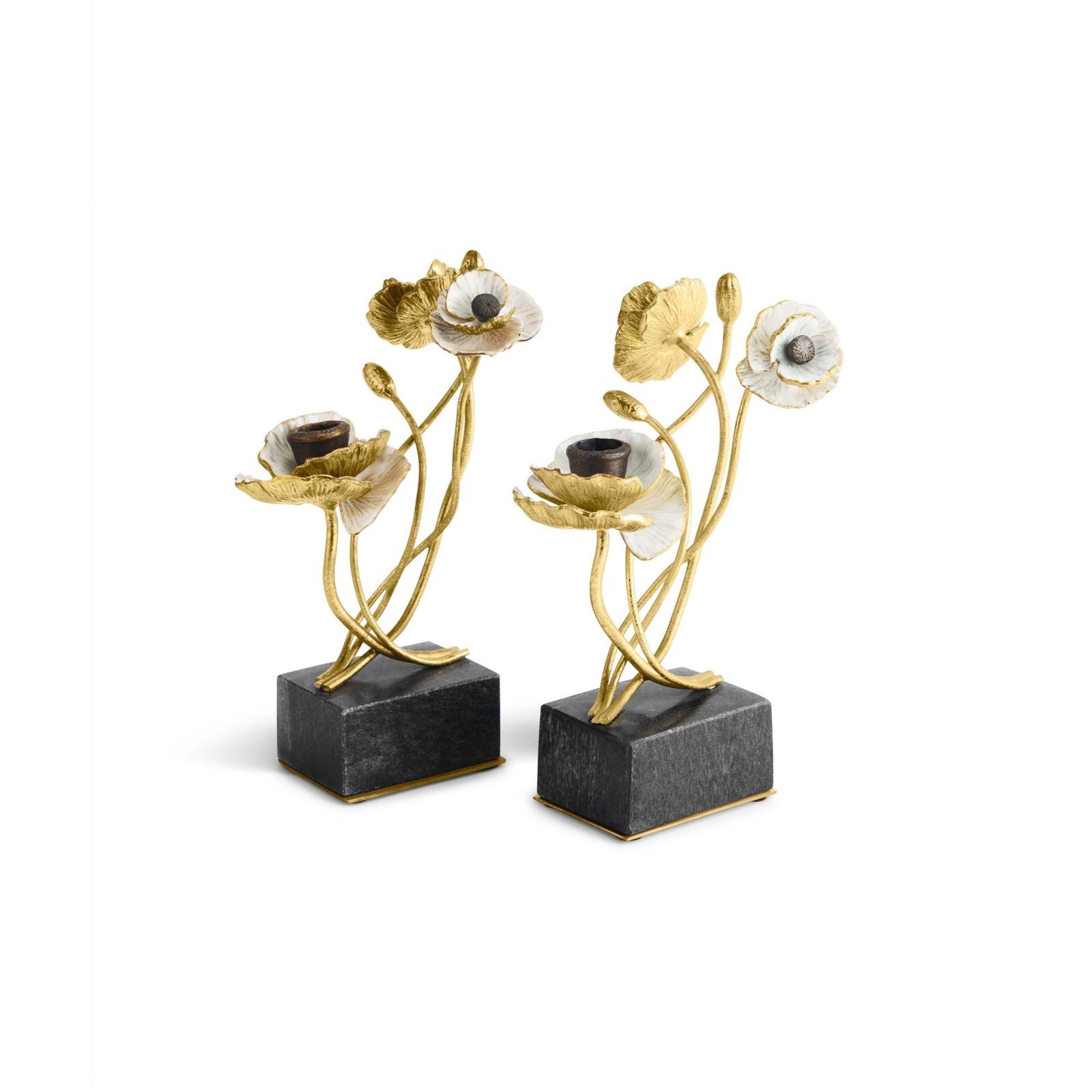 Pair Of Candlesticks With Anemone Design, White Enamelled Gilt Metal. photo for sale
