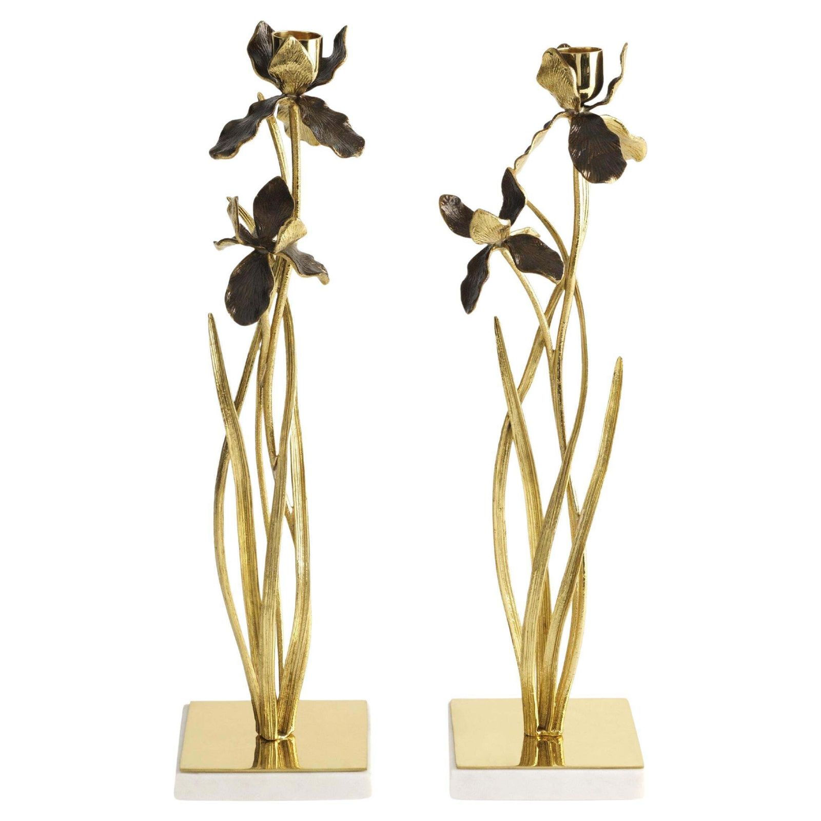 Pair Of Candlesticks With Iris Design, Gilt Metal, Patina And Marble Base.