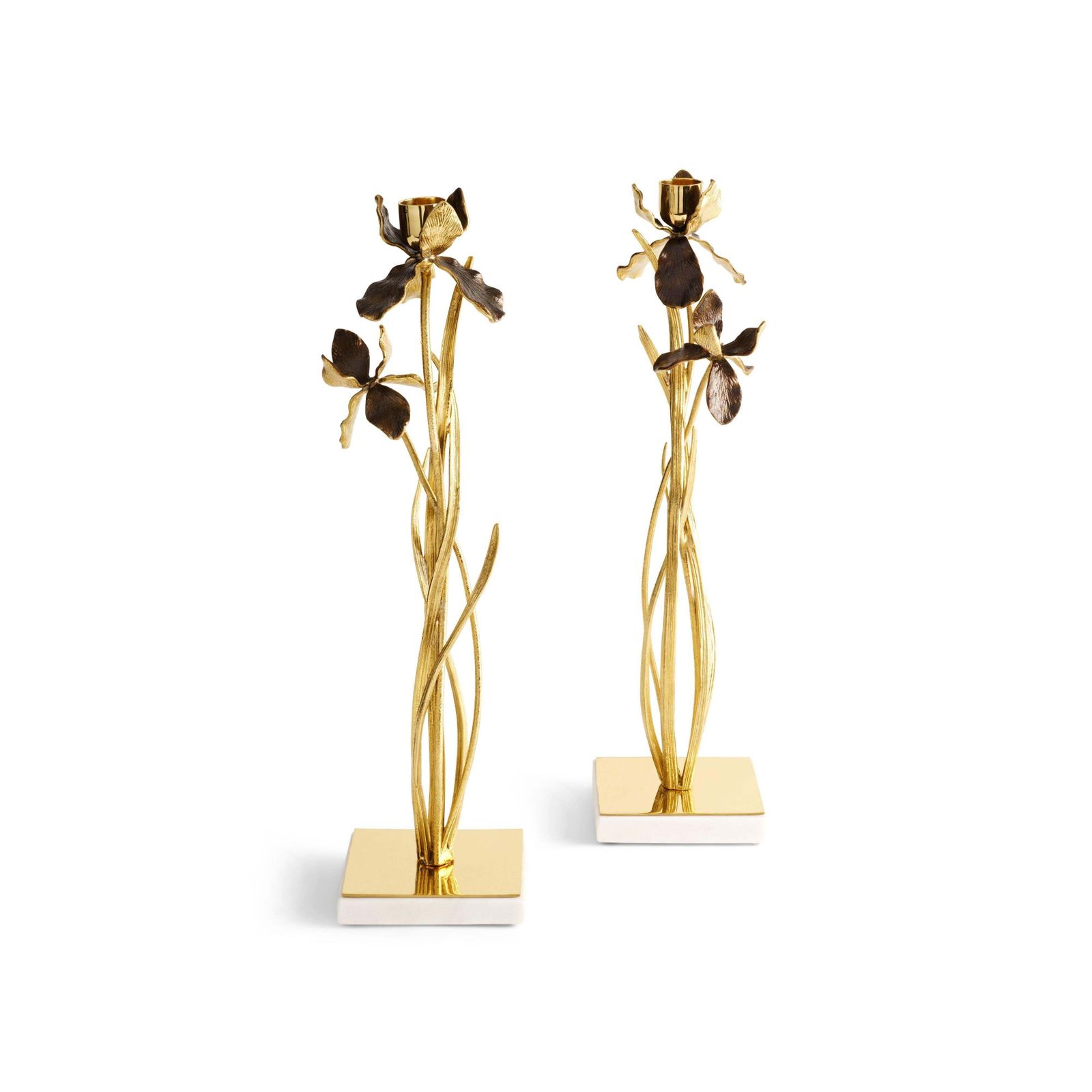 Pair Of Candlesticks With Iris Design, Gilt Metal, Patina And Marble Base. photo for sale