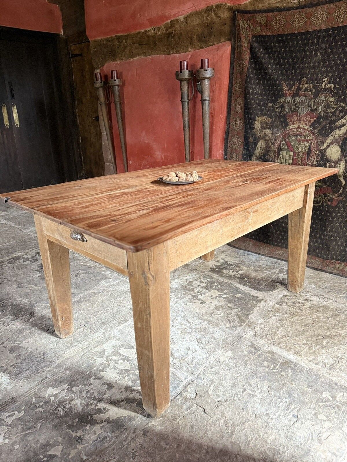 Original English Antique Pine Rustic Farmhouse Kitchen Plank Dining Table 1800's photo furniture