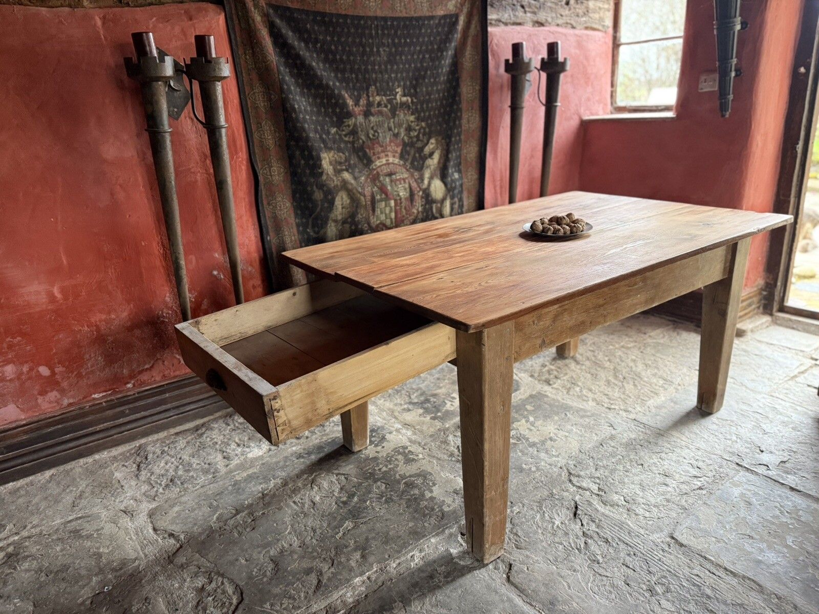 Original English Antique Pine Rustic Farmhouse Kitchen Plank Dining Table 1800's photo vinterior