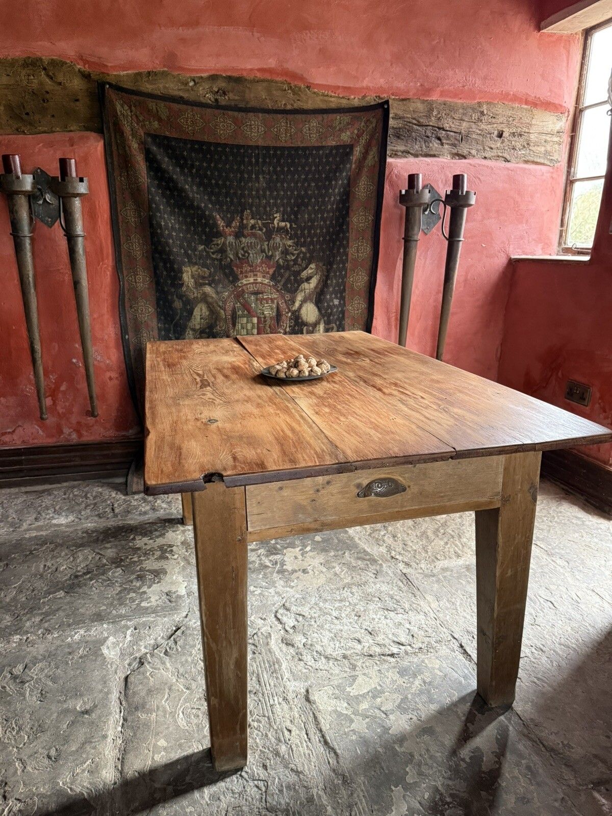 Original English Antique Pine Rustic Farmhouse Kitchen Plank Dining Table 1800's photo vintage