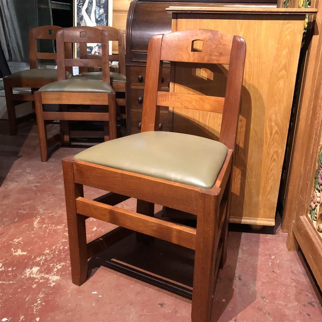 photo for sale Set Of Four Brutalist Teak Dining Chairs With Leather Seats