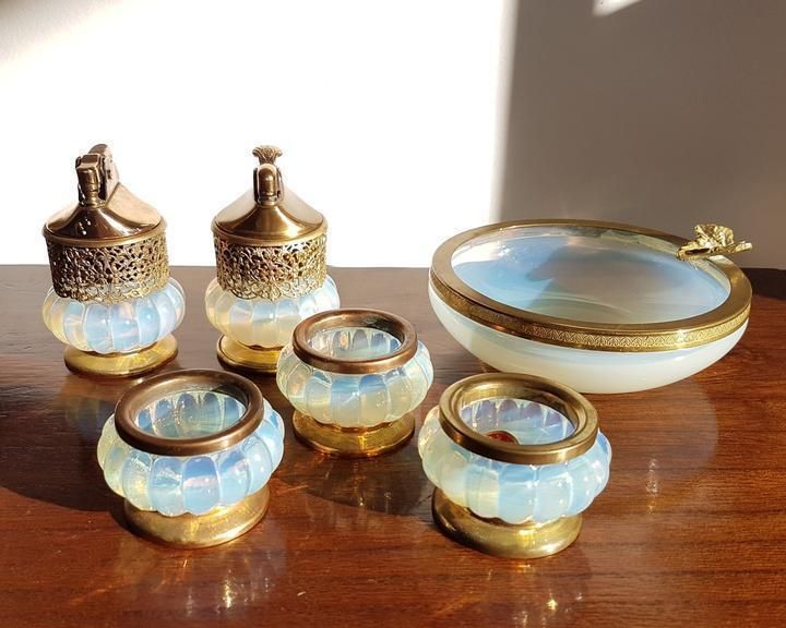 Pre 1970s Italian Murano Opaline And Brass Ormulu 6 Pc Set, Att. To Fratelli Toso    Labelled photo for sale