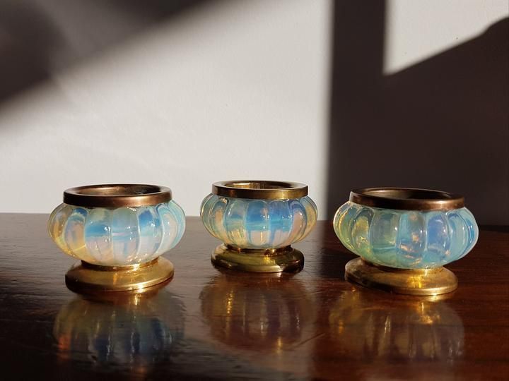 Pre 1970s Italian Murano Opaline And Brass Ormulu 6 Pc Set, Att. To Fratelli Toso    Labelled photo 429.0