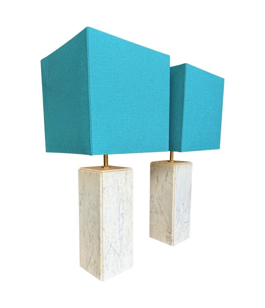 A Pair Of 1970s Belgian Carrera Marble Lamps By Porcelaine De Bruxelles