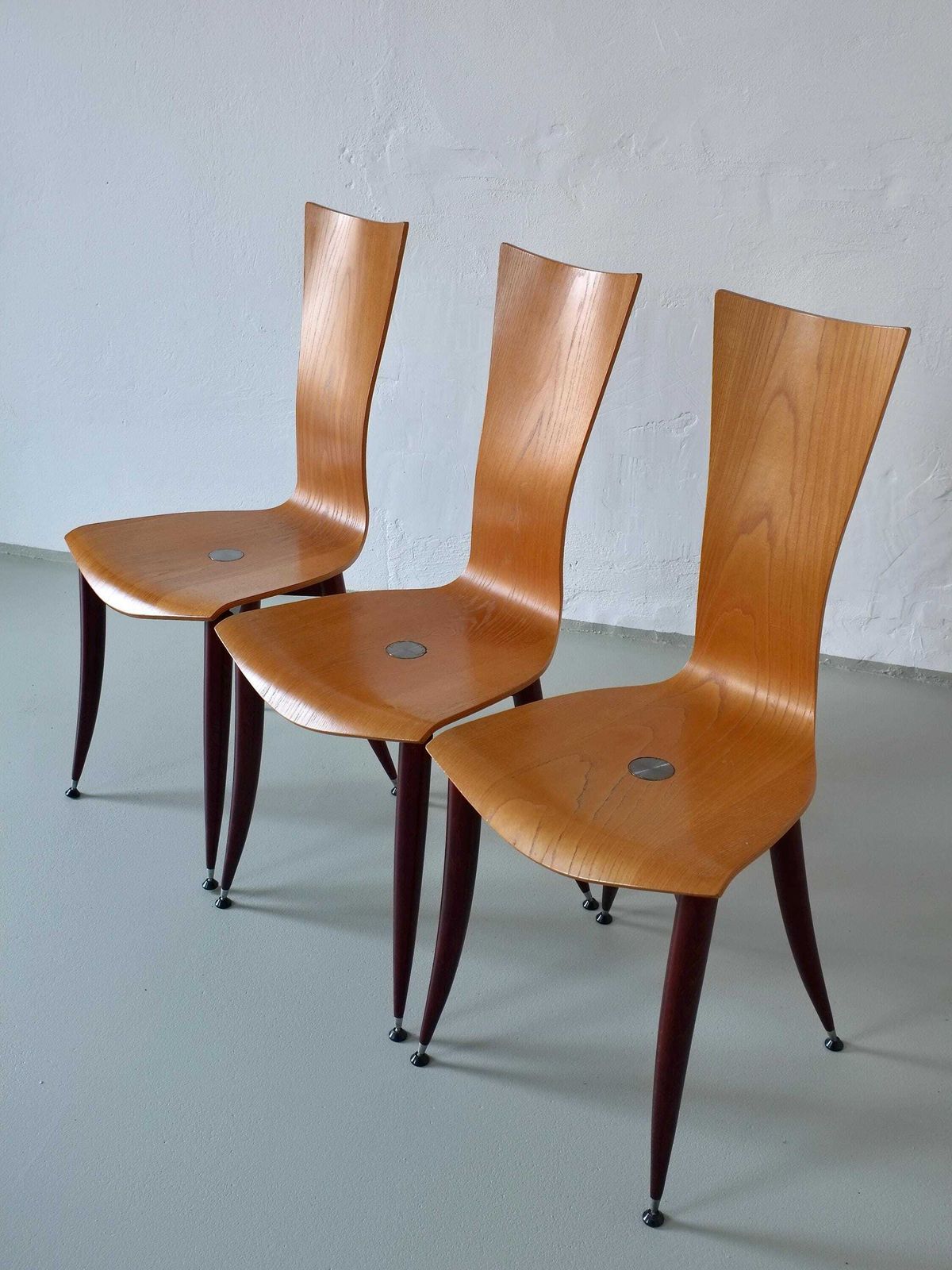 3 Plywood Burgundy Legs Chairs | Italy | 1980s photo vinterior