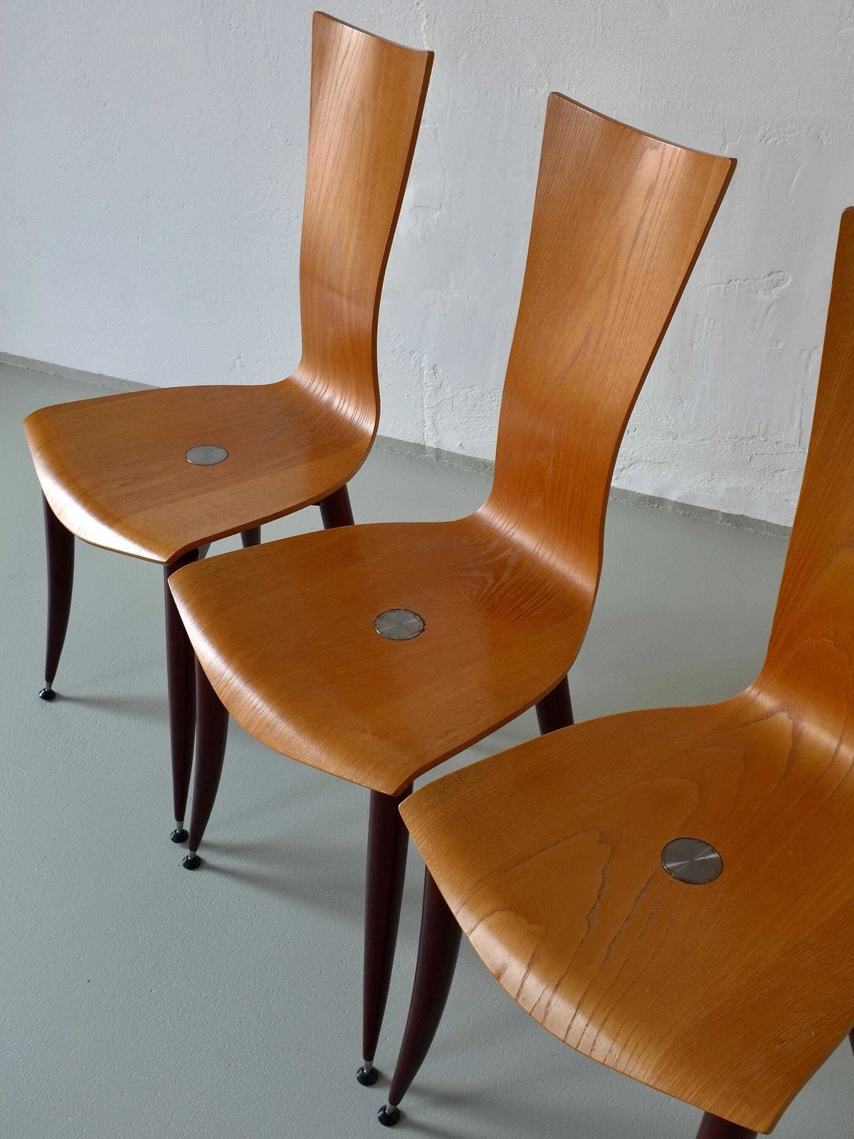 3 Plywood Burgundy Legs Chairs | Italy | 1980s photo buy