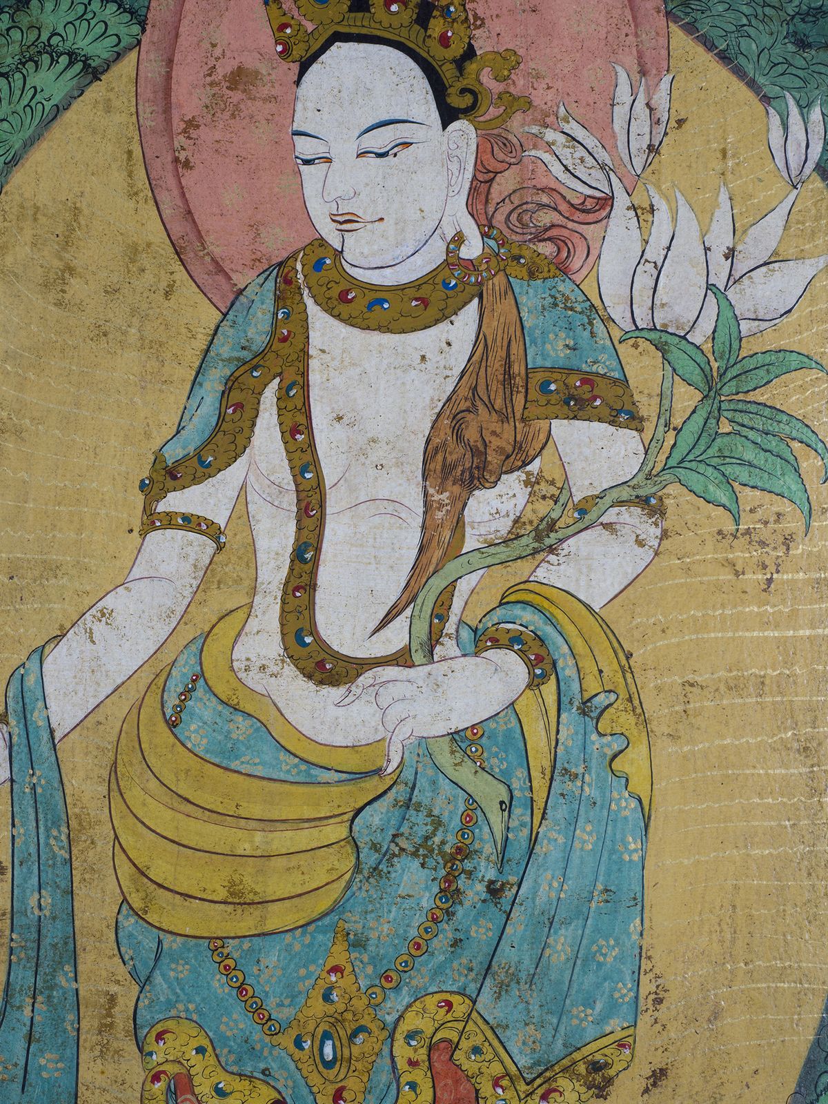 19th Century Tibetan White Tara Painting On Wood Panel photo for sale
