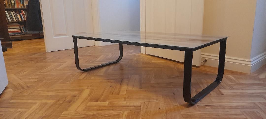 Contemporary Black Metal Framed Glass Top Printed Bleached Oak Effect photo Furniture