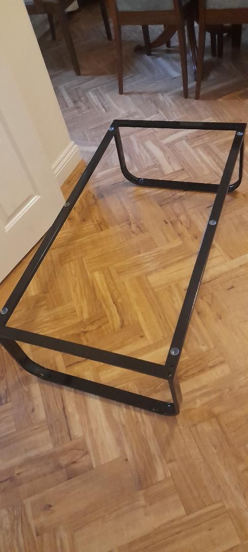 photo furniture Contemporary Black Metal Framed Glass Top Printed Bleached Oak Effect