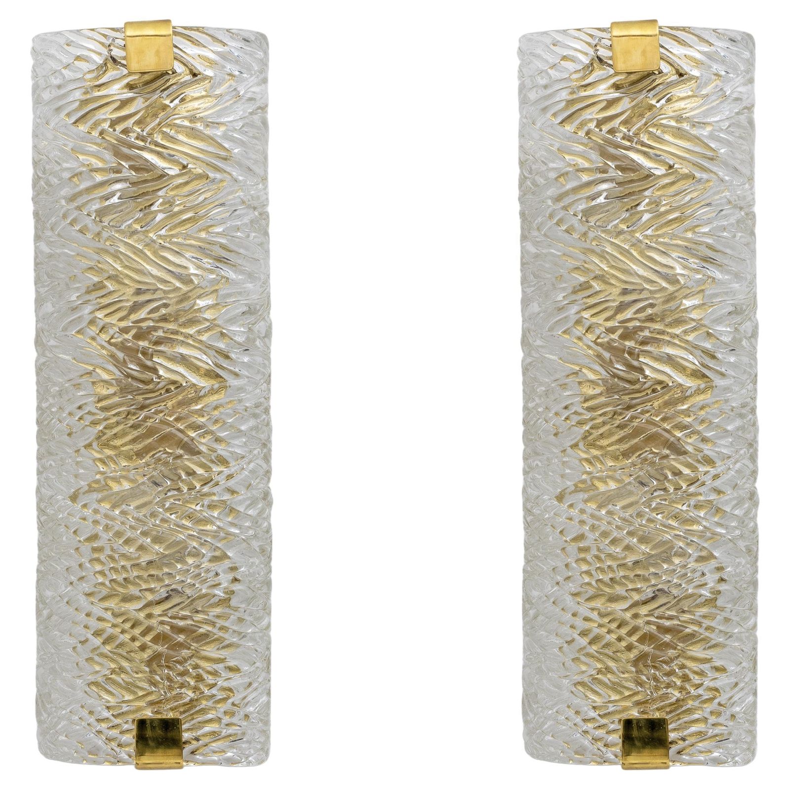 Pair Of Modern Italian Brass And Murano Glass Textured Wall Sconces