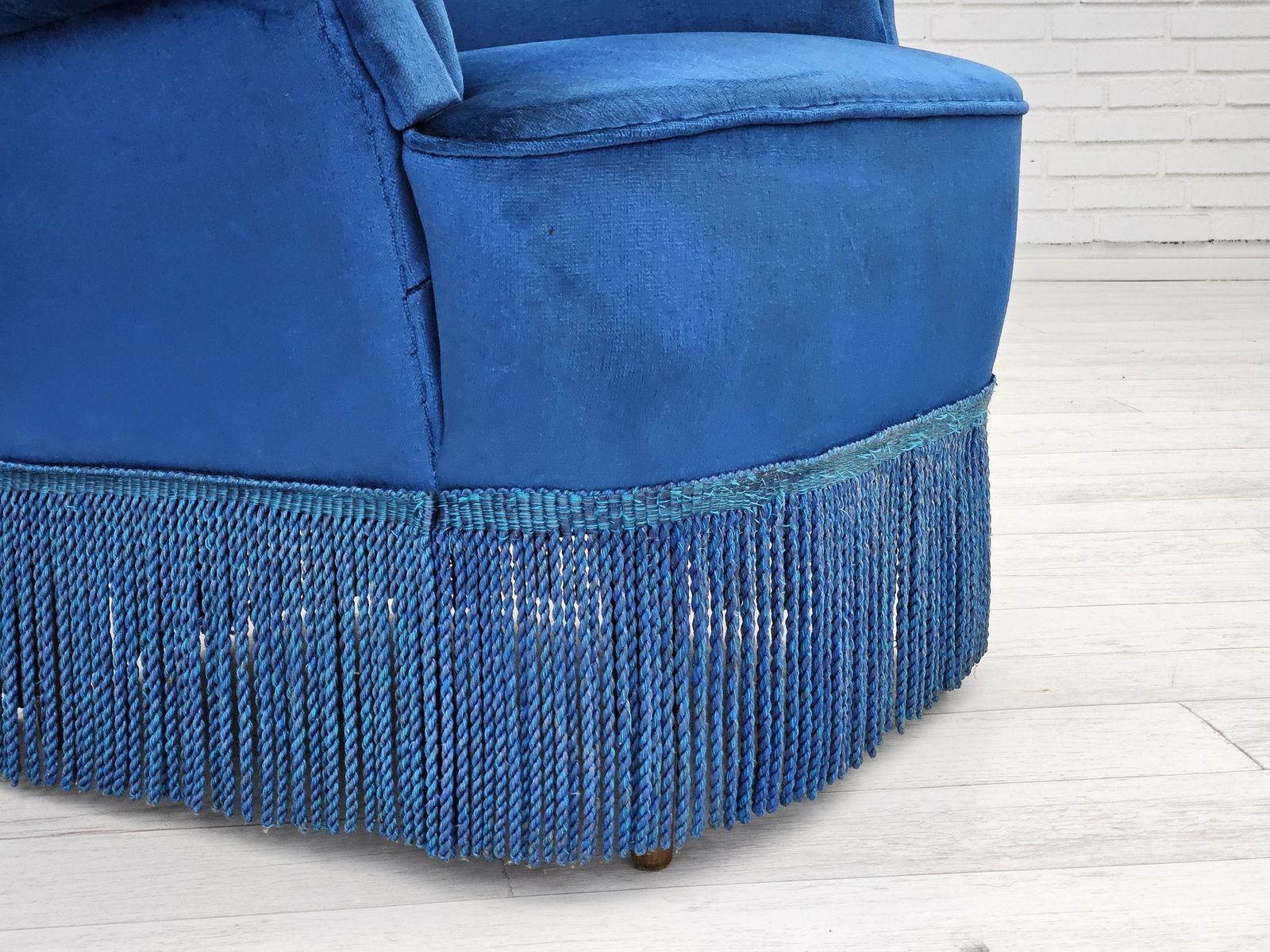 photo buy 1960s, Danish Lounge Chair, Blue Furniture Velour, Beech Wood Legs.