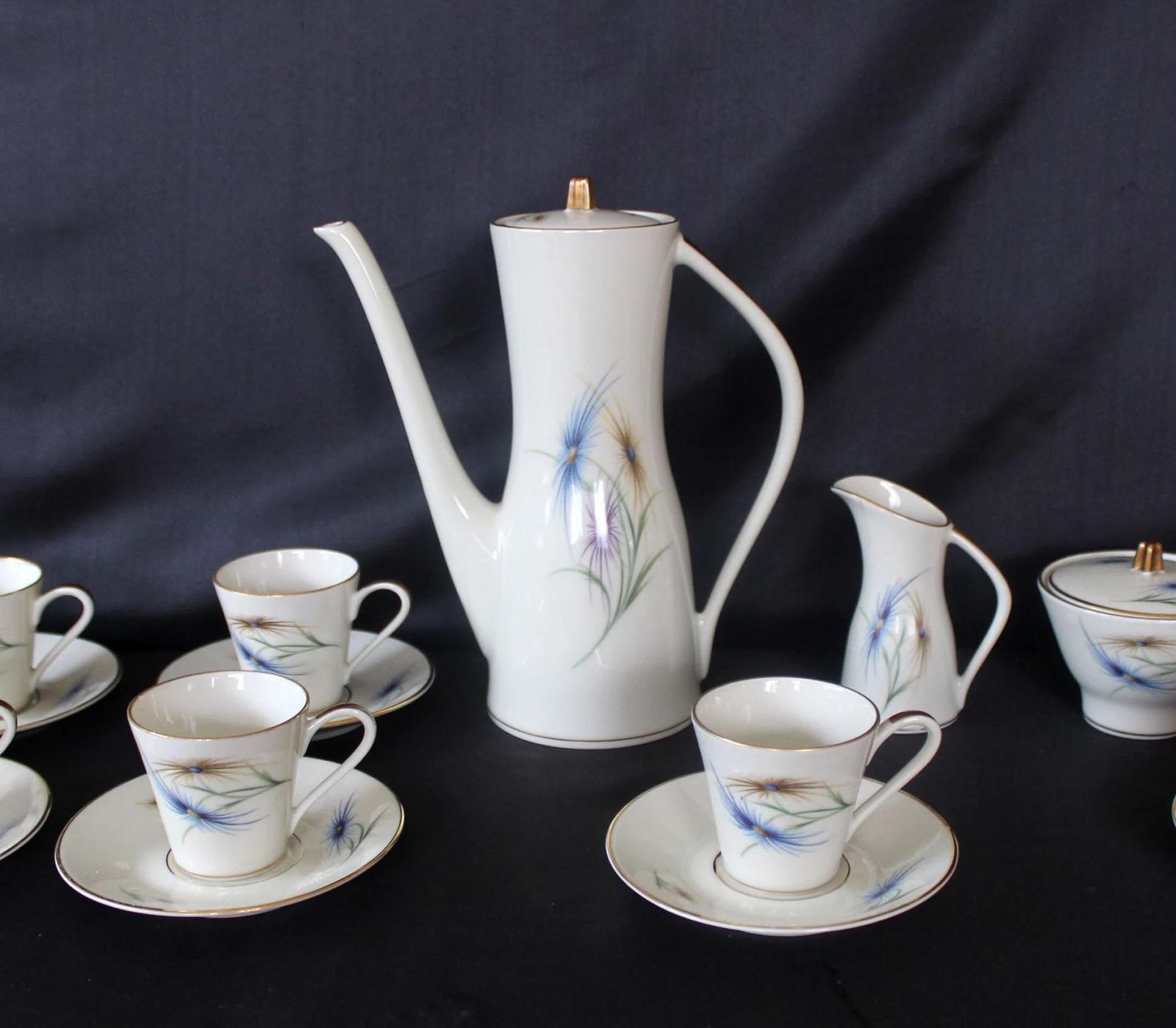 17 Delig Vintage Edelstein Bavaria Porseleinen Koffieservies, 6 Kopjes En Schoteltjes, Suikerpot Met Deksel, Roomkan, Koffiepot Met Deksel
