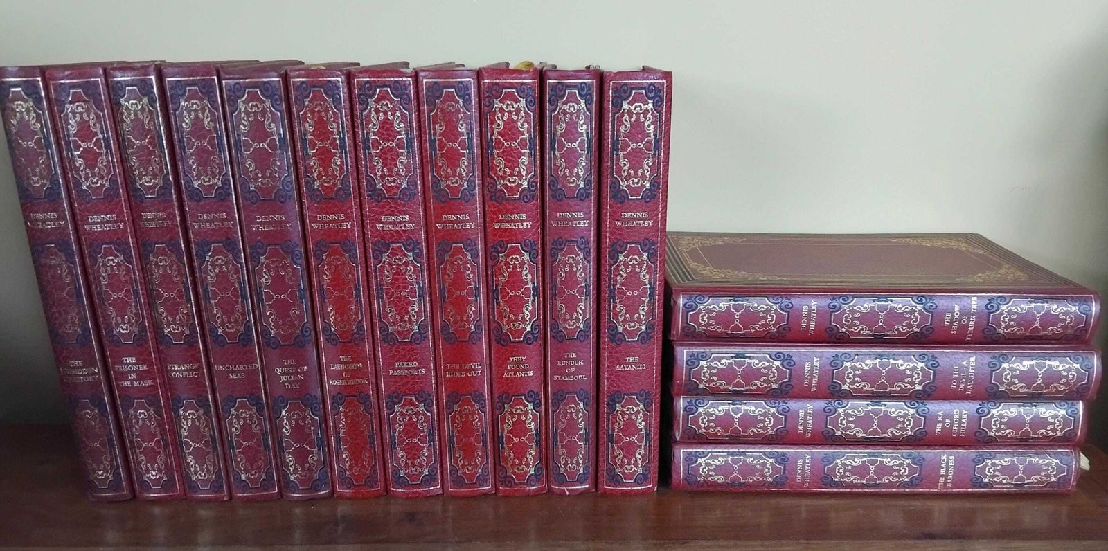 A Wonderful Complete Set Of 15 Dennis Wheatley Novels  Pen & Ink Illustrations, Deep Red Gilded Covers, Heron Books, 1970's photo furniture
