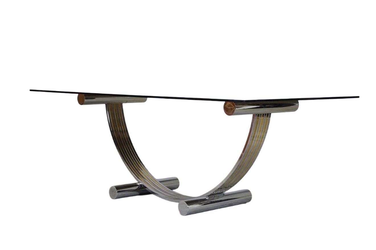 Renato Zevi, Italian Mid Century Modern Chrome Gilt / Brass Smoked Glass Dining Table